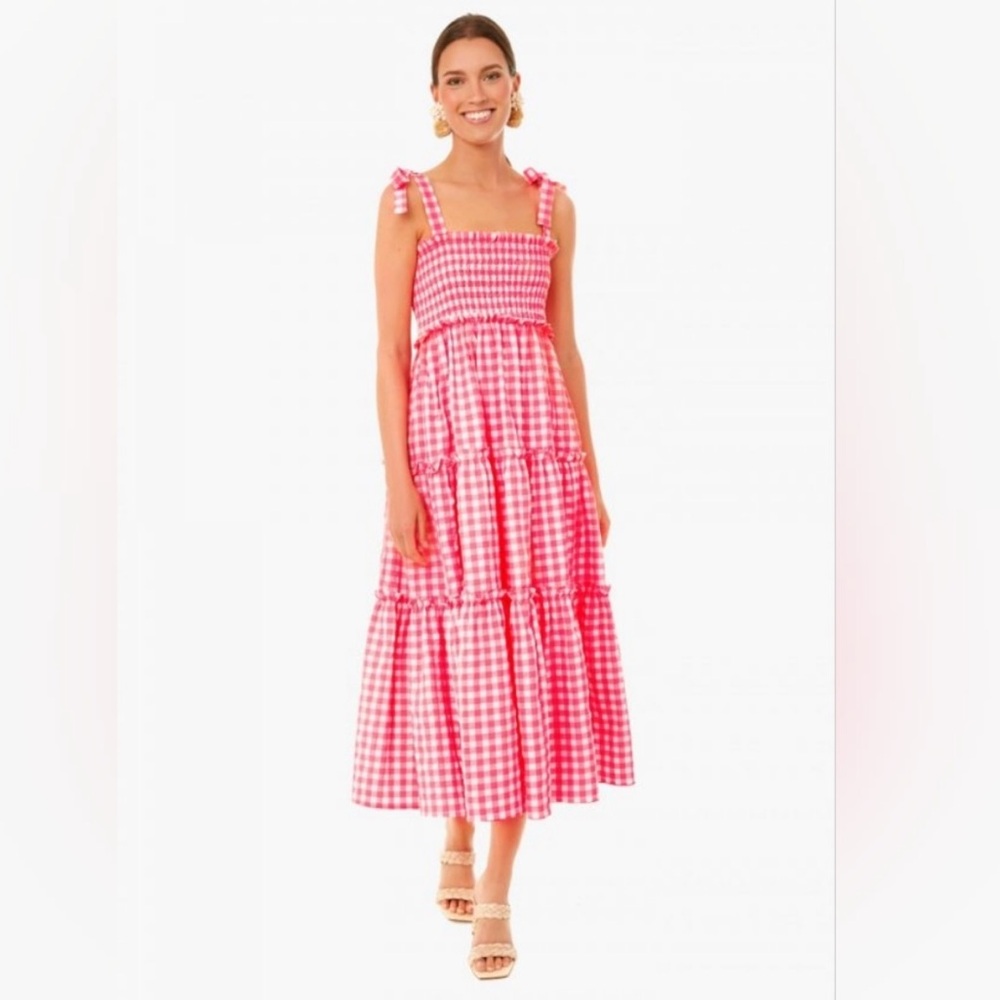 Pomander Place Electric Pink Gingham Tiered Midi Dress with Tie Straps- xs